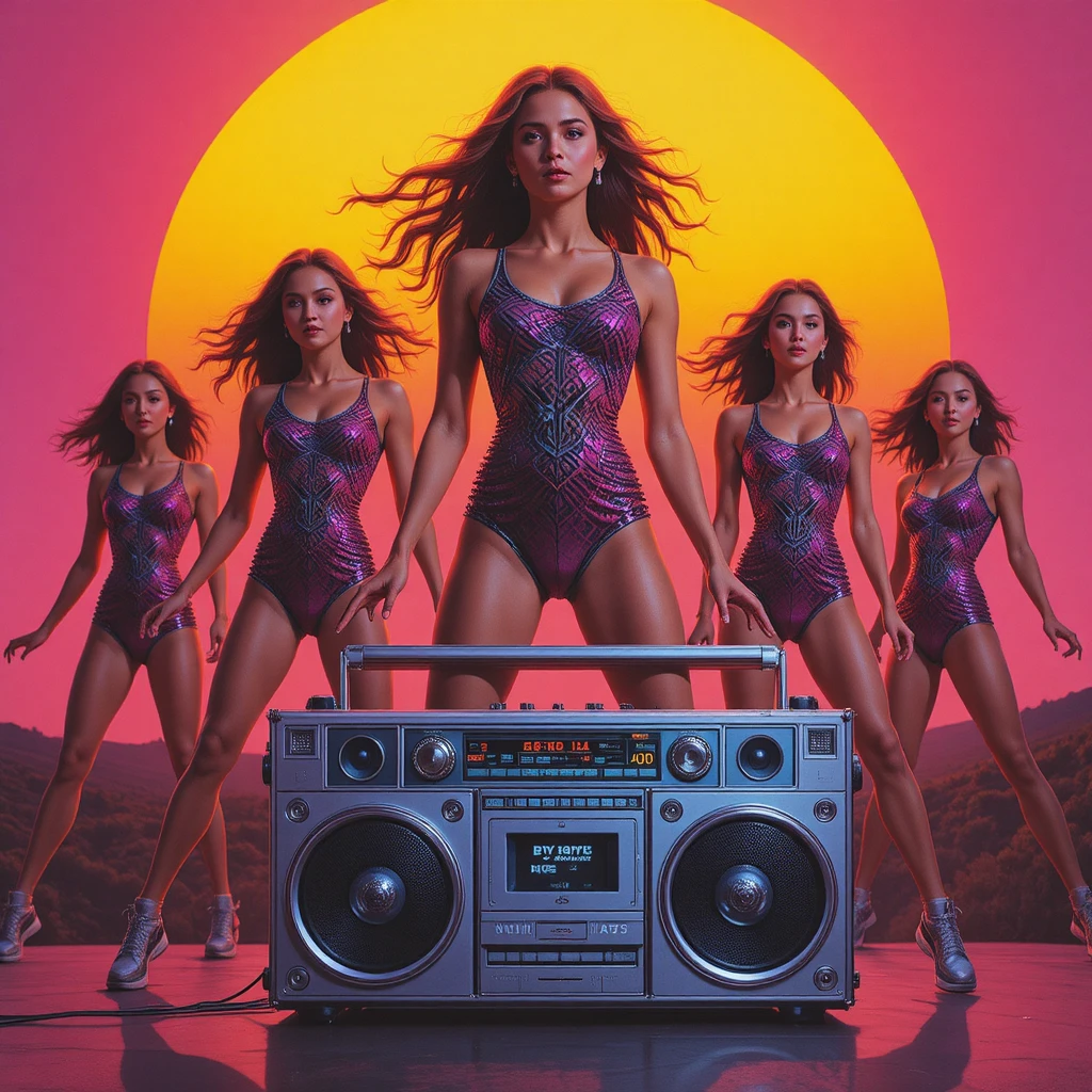 Retro-Aerobic-Poster mit Sonnenuntergangsverlauf und Boombox