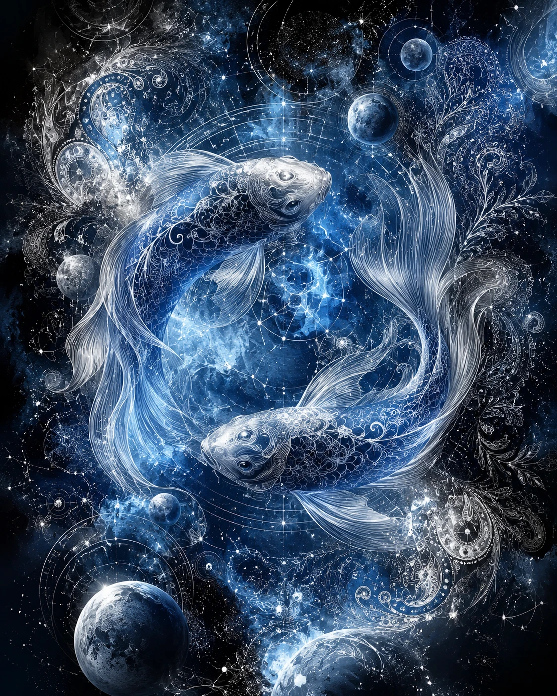 Two luminous zodiac fish in a cosmic fine art illustration