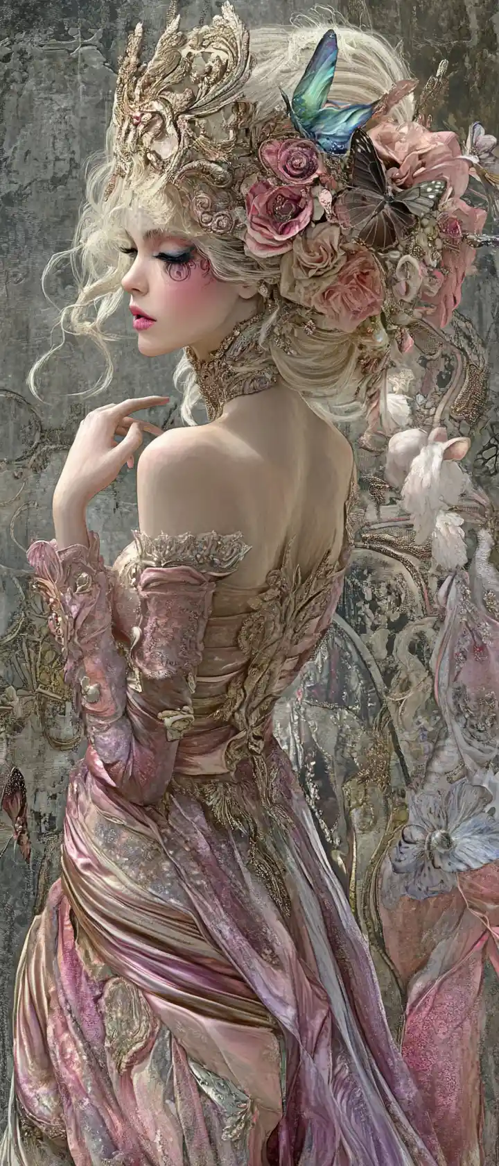 Baroque woman in pastel metallic gown performing theatrical dance