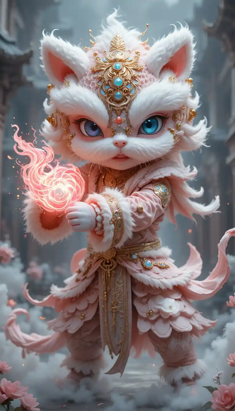 Mystical cartoon cat warrior casting glowing pink flame