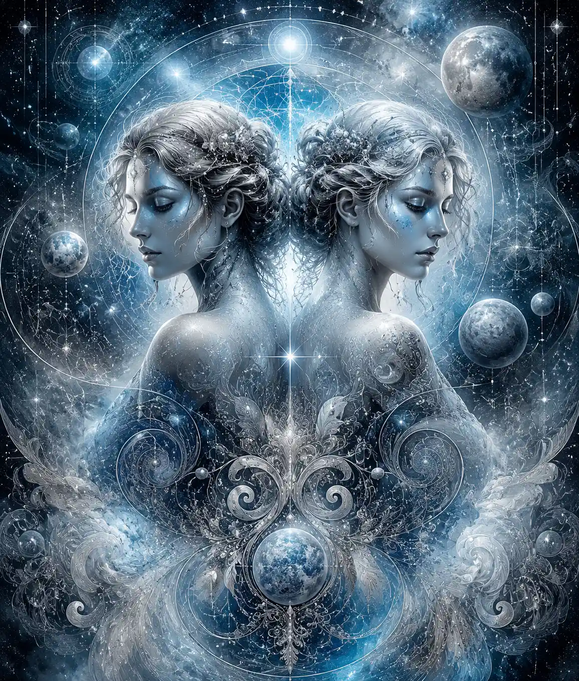 Luminescent Gemini zodiac twins with cosmic maps and paisley