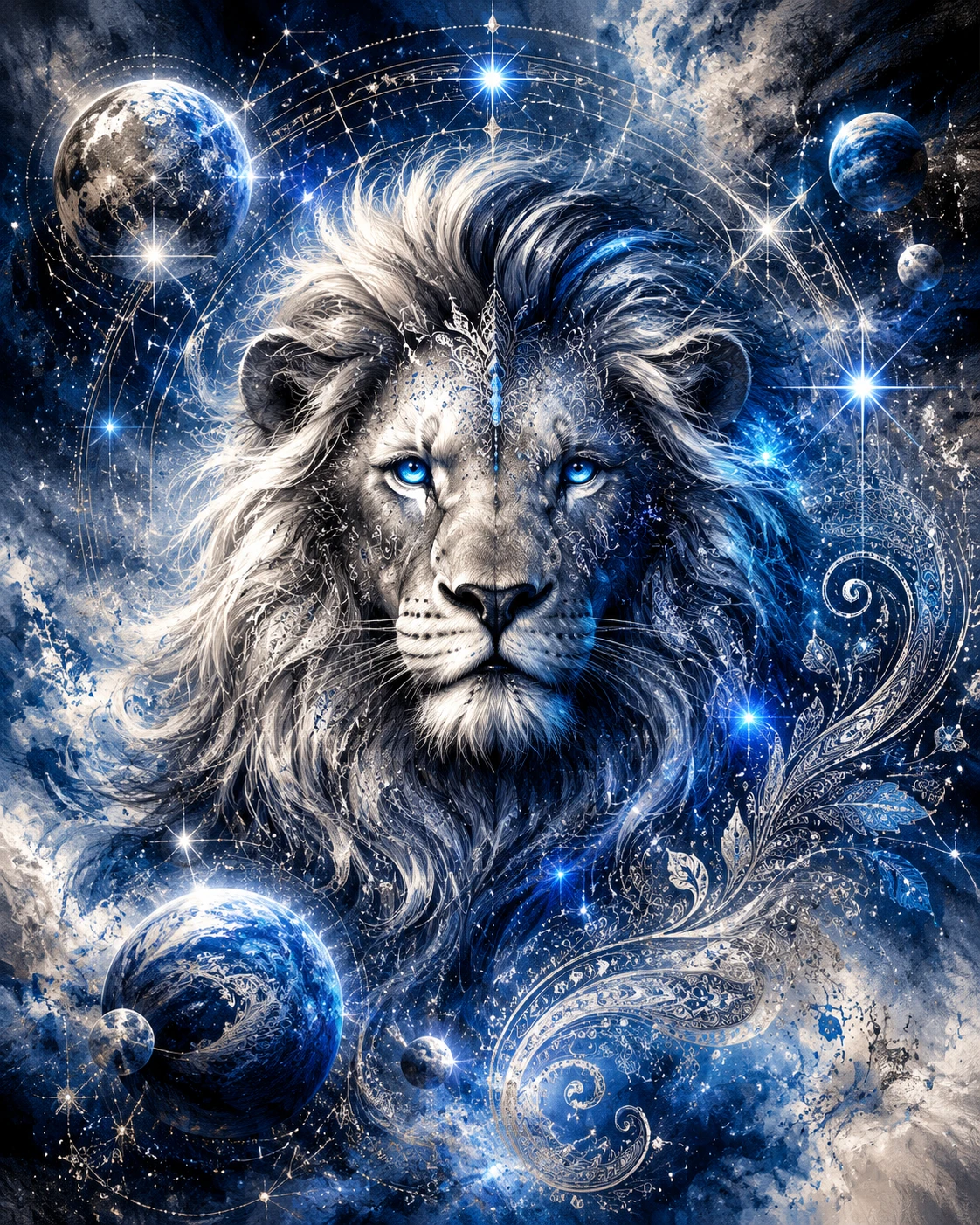 Luminous zodiac lion surrounded by planets and star maps