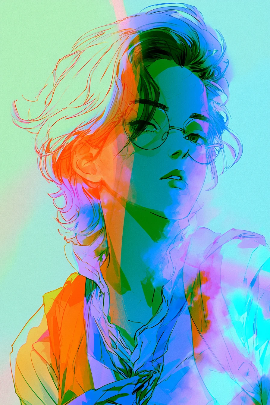 Anime woman emerging from a dreamlike digital haze