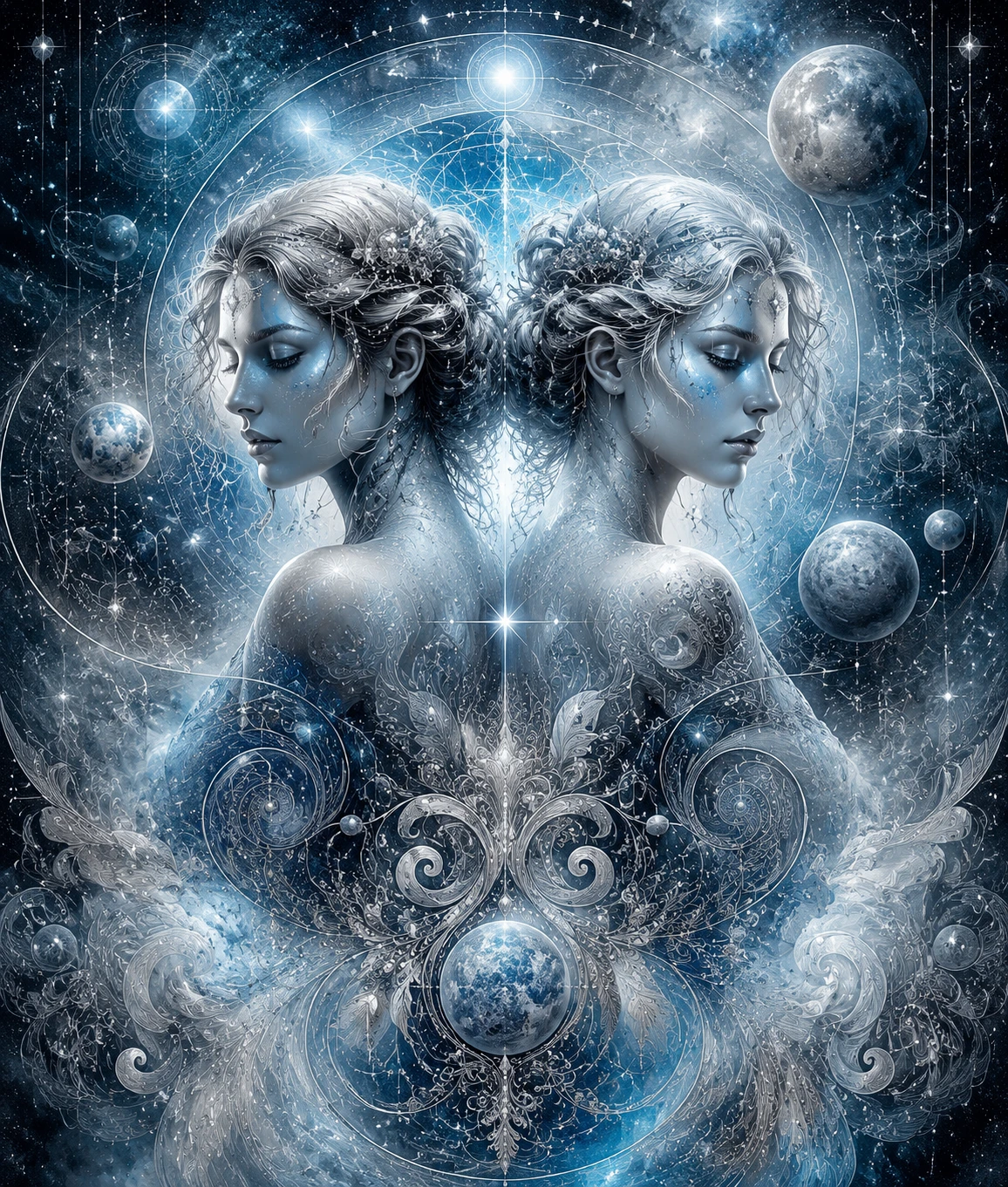 Luminescent Gemini zodiac twins with cosmic maps and paisley