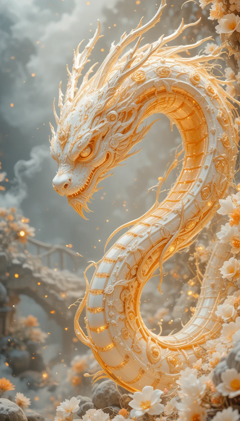 Serpente mítica enrodilhada diante de um palácio branco luminoso
