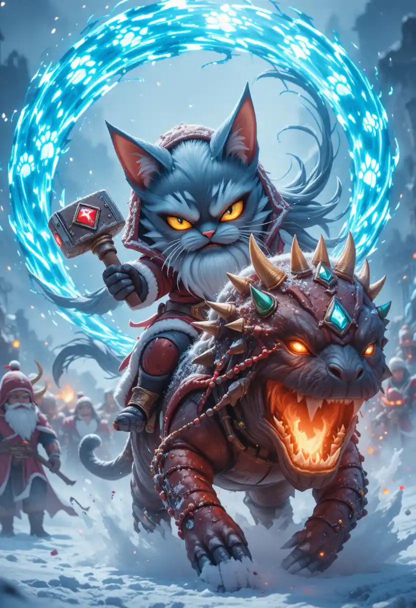 Santa cat leading a glowing rune Christmas battle
