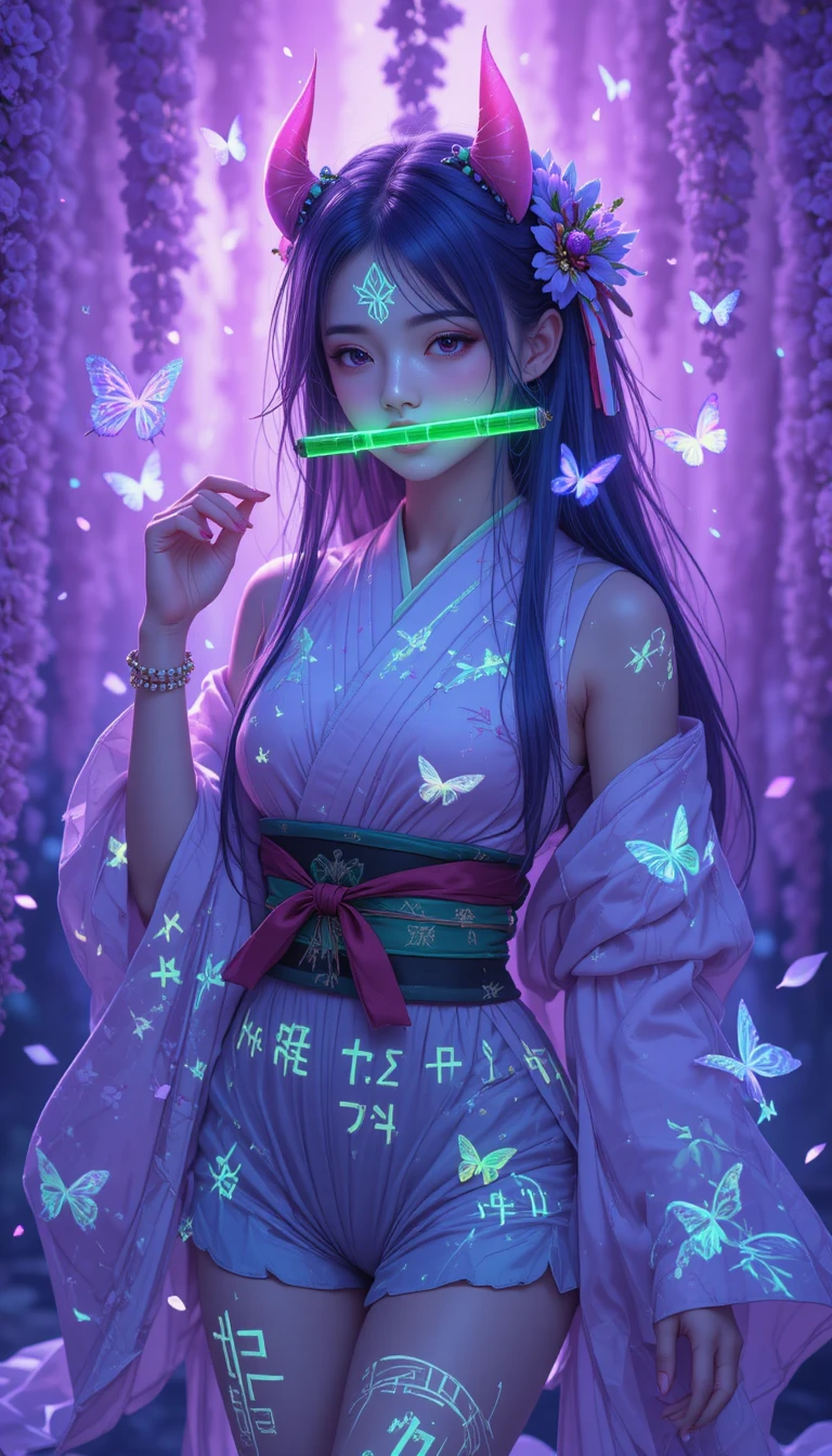 Anime demon girl with glowing runes and bamboo gag