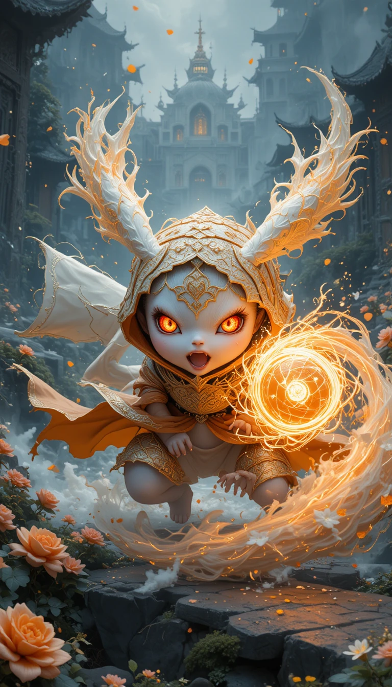 Majestic spirit creature before a white palace river bridge