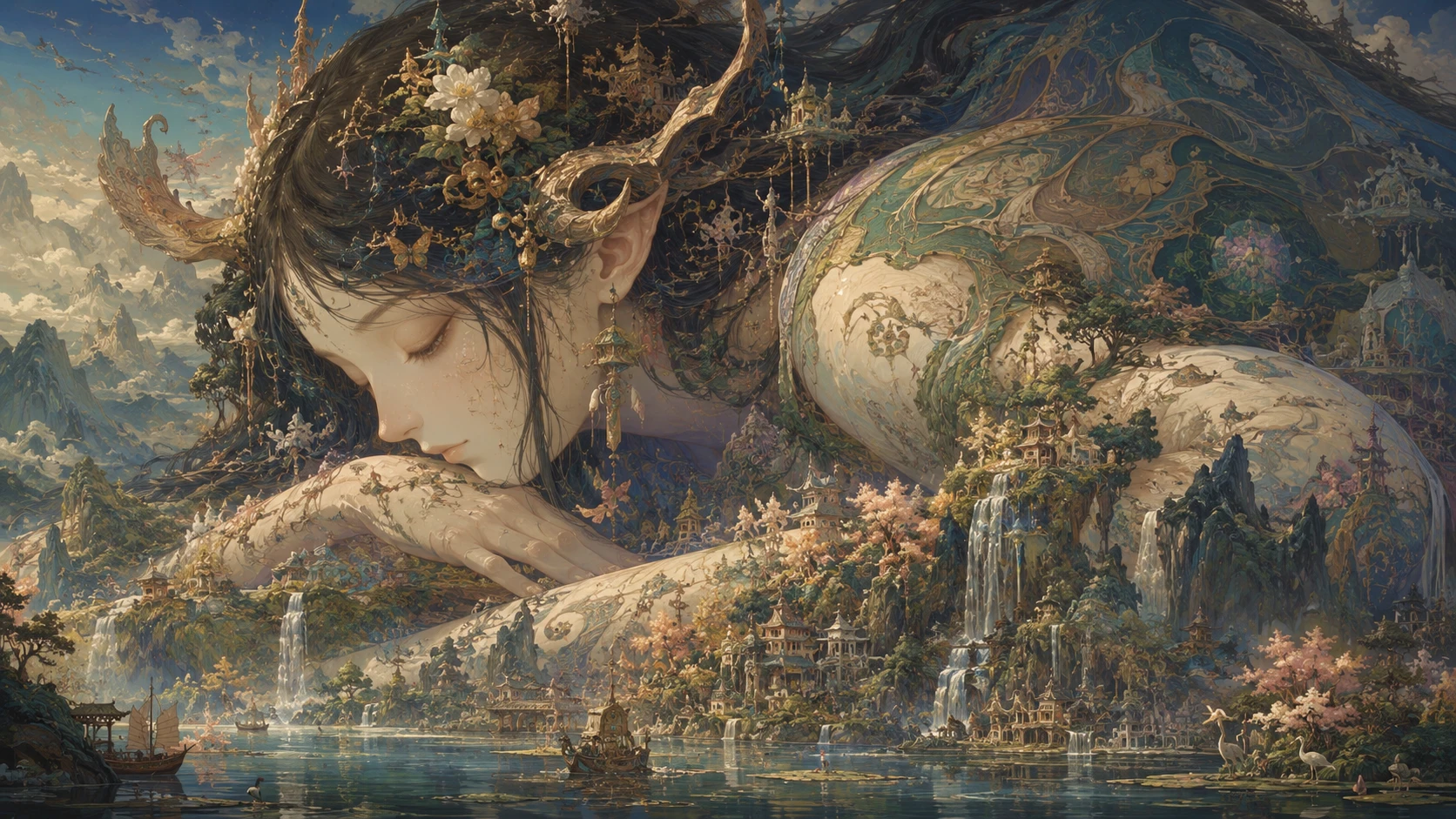 Creatura fantasy eterea che emerge da un paesaggio mitico vivente