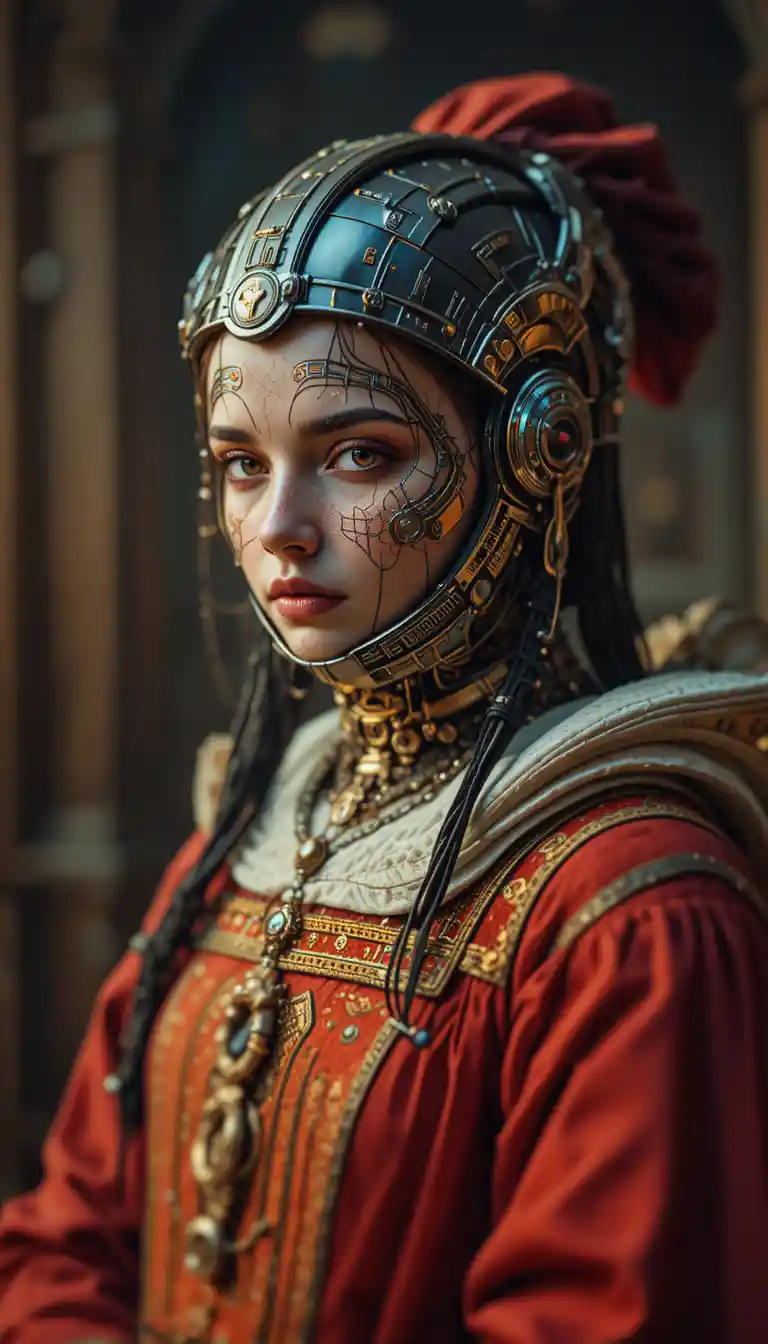 Renaissance style portrait with futuristic cybernetic helmet