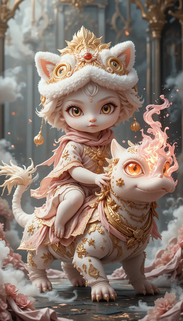 White kitten spirit warrior riding a mythical beast