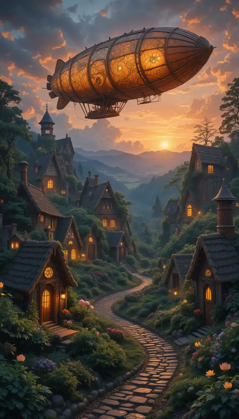 Fantasy village beneath towering glowing mushrooms at twilight
