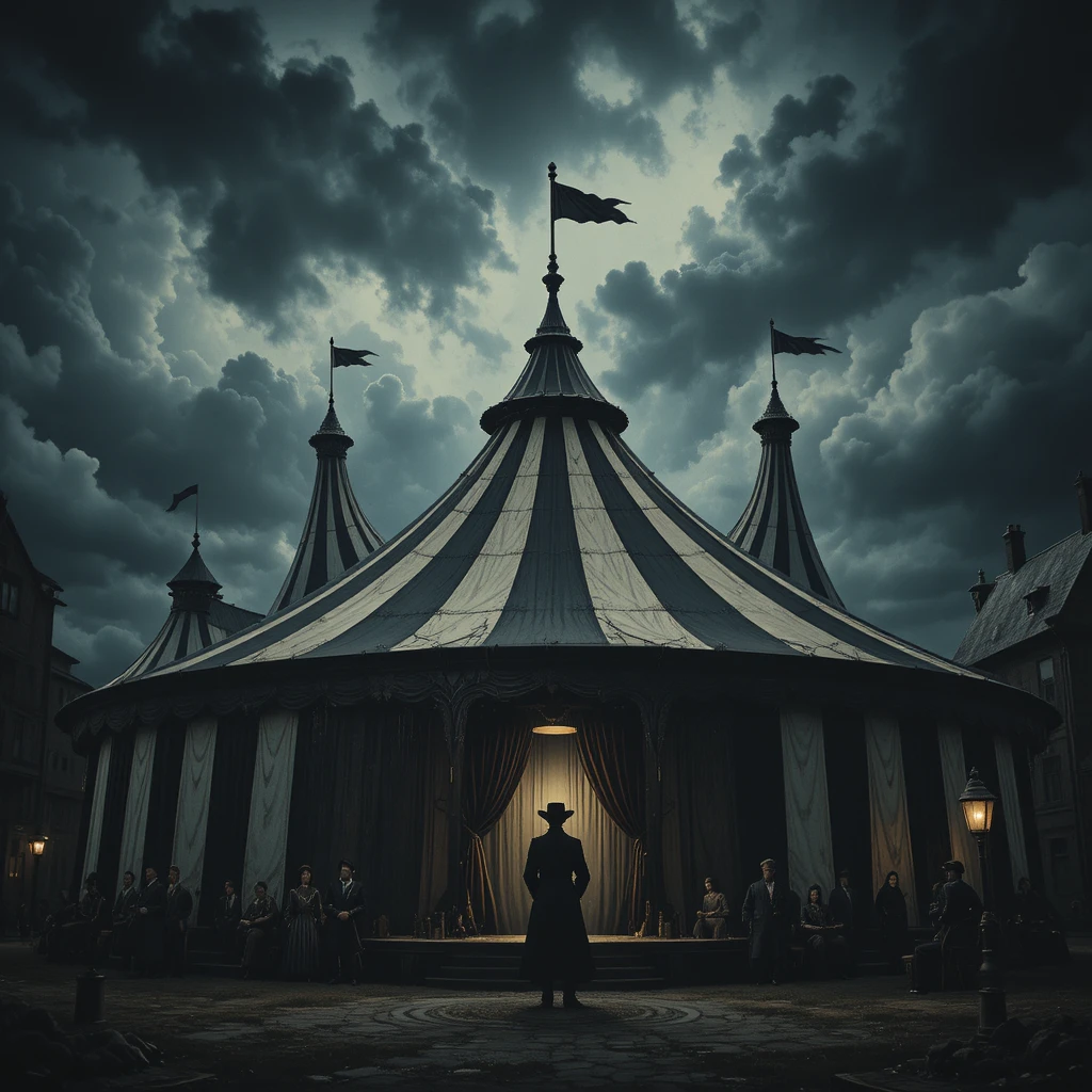 Vintage circus tent under a stormy sky with dark silhouette
