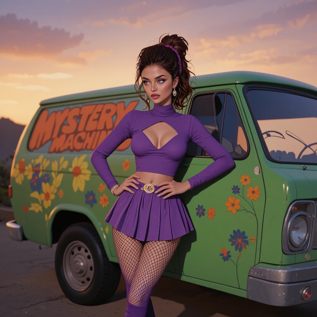 Stylish auburn haired woman posing by green retro van