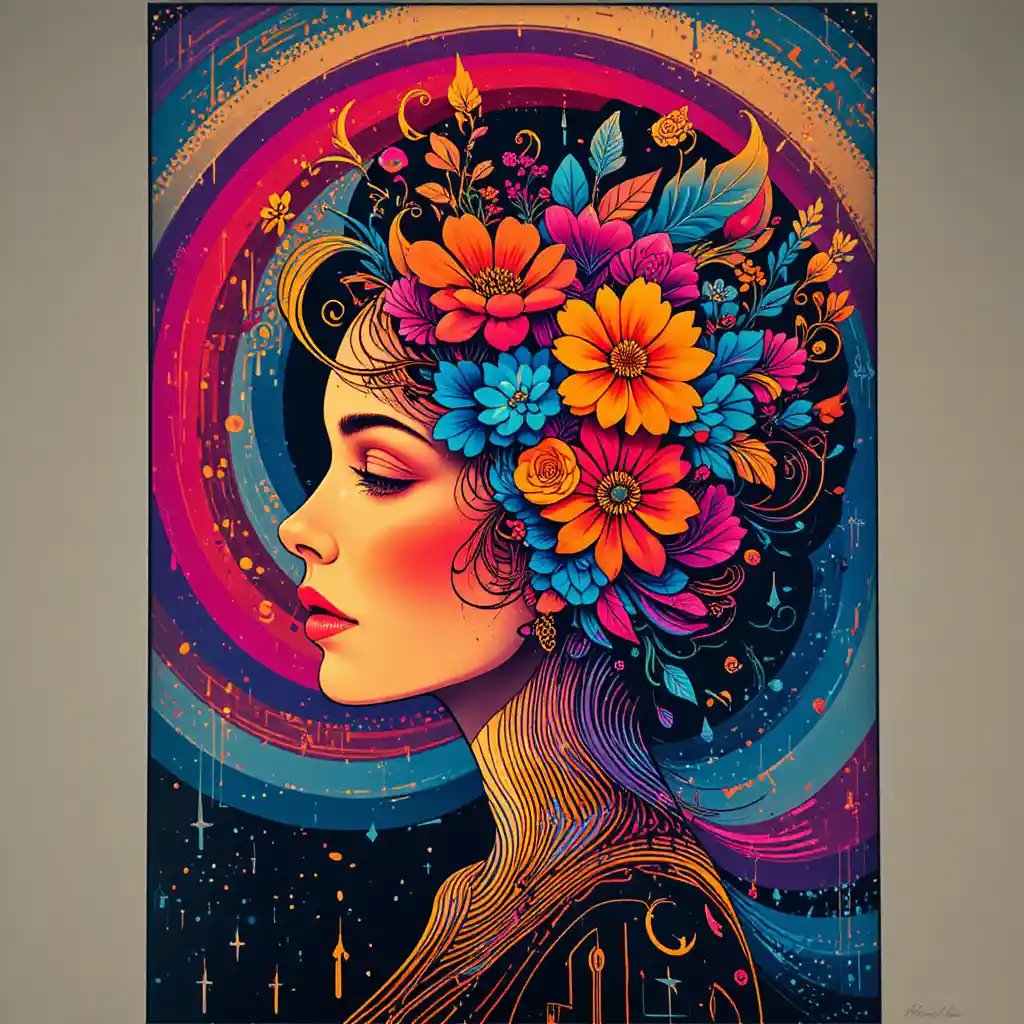 Psychedelic floral woman profile with swirling geometric patterns