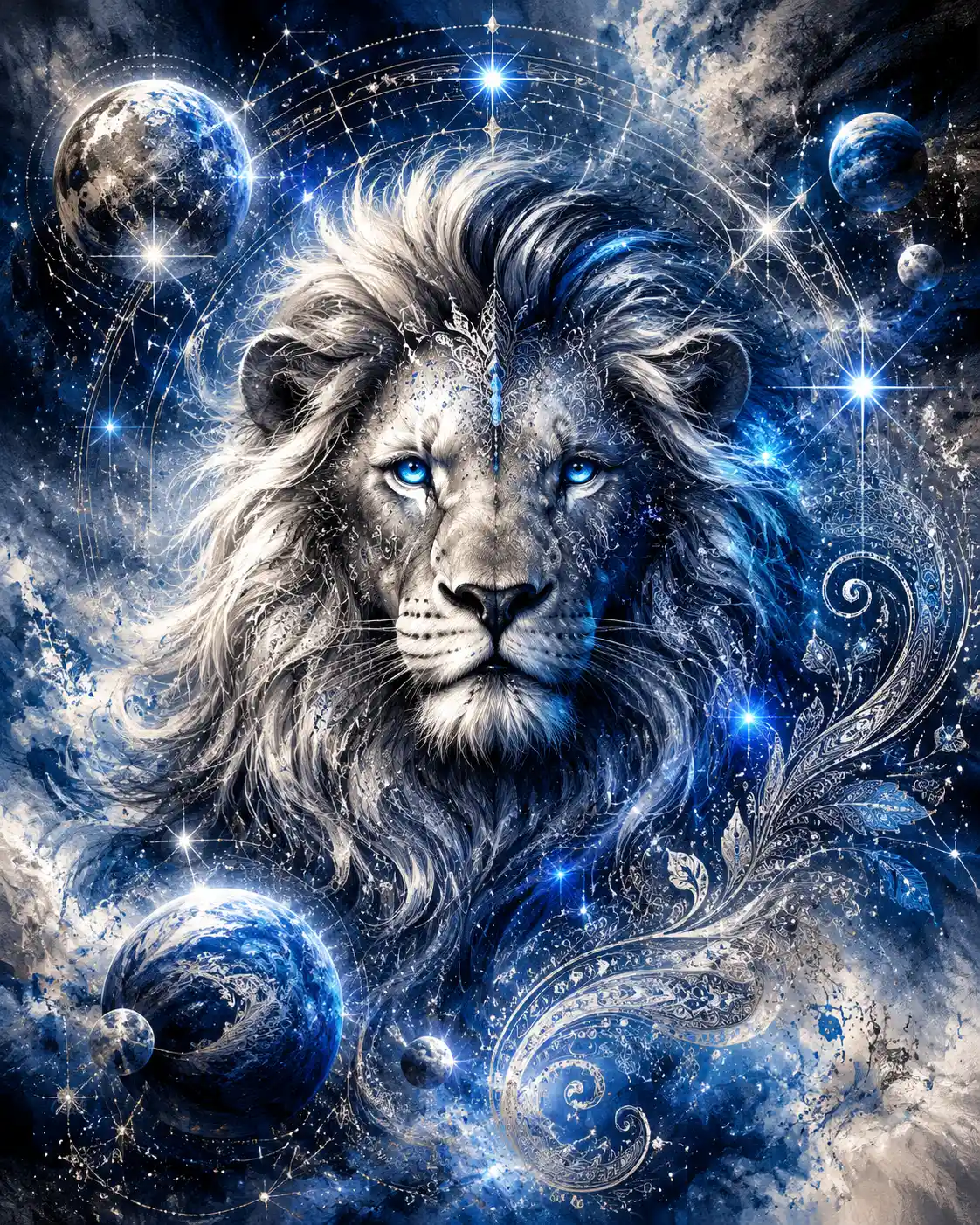 Luminous zodiac lion surrounded by planets and star maps