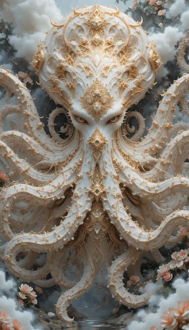 Mythical spirit creature before a white fantasy palace