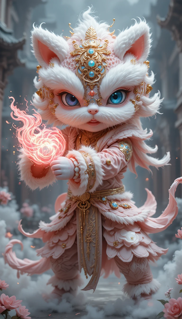 Mystical cartoon cat warrior casting glowing pink flame