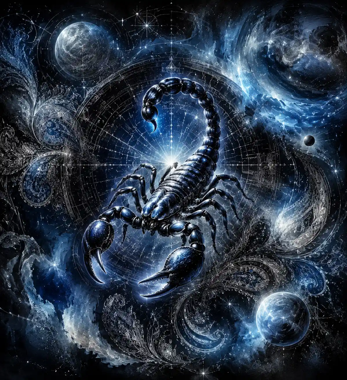 Luminescent zodiac scorpion with cosmic maps and planets