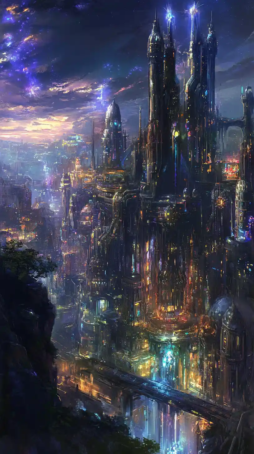Ancient clockwork city glowing with luminous overgrown flora