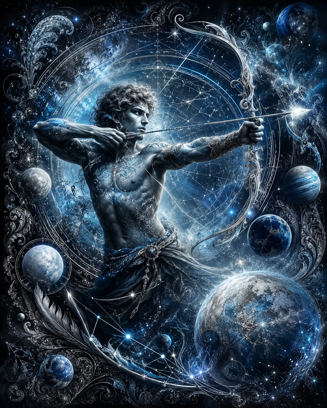 Luminous Sagittarius zodiac moodboard with cosmic symbols