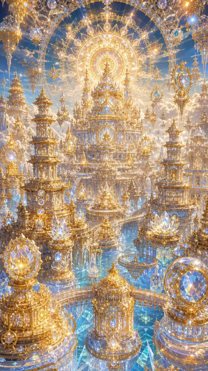 Vast crystal temple city under a sacred mandala sky