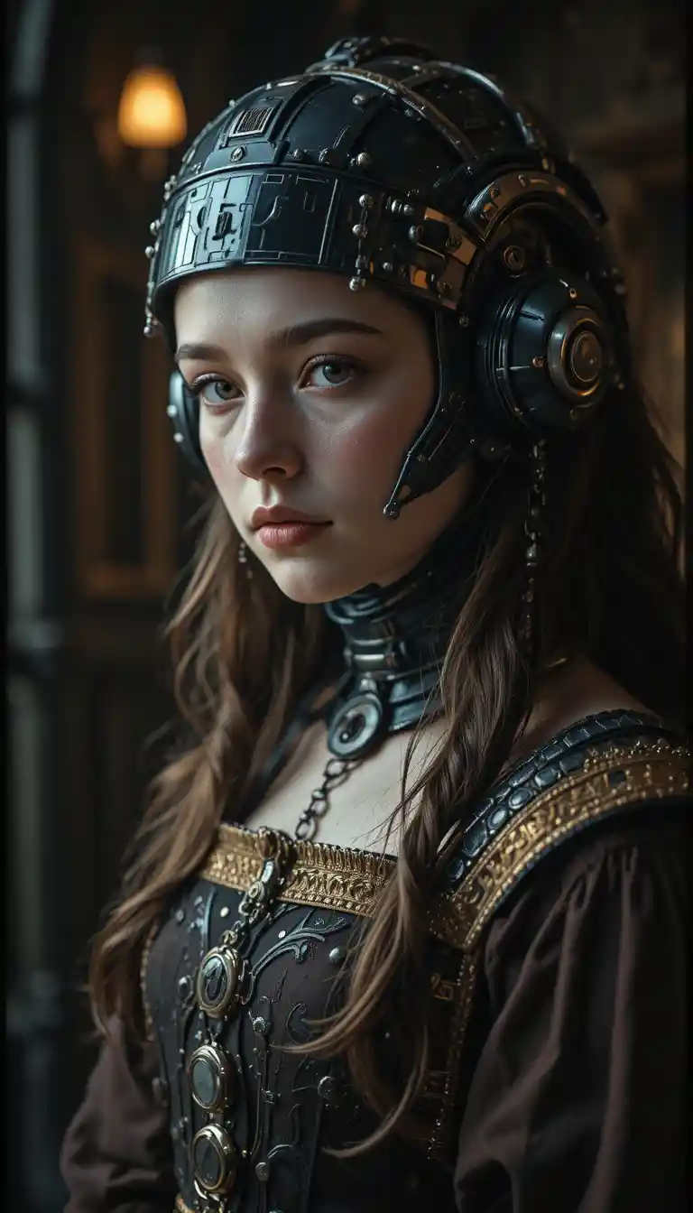 Renaissance style portrait with futuristic cybernetics helmet