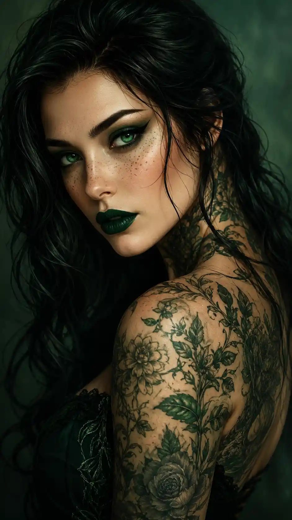 Mystical green eyed woman with floral tattoos portrait