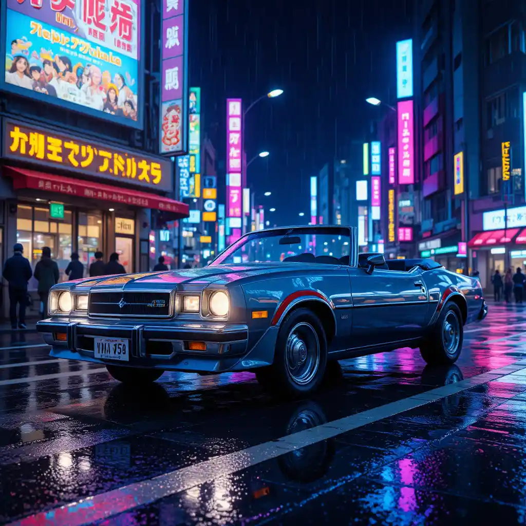 Vintage convertible on neon lit Shibuya street at night