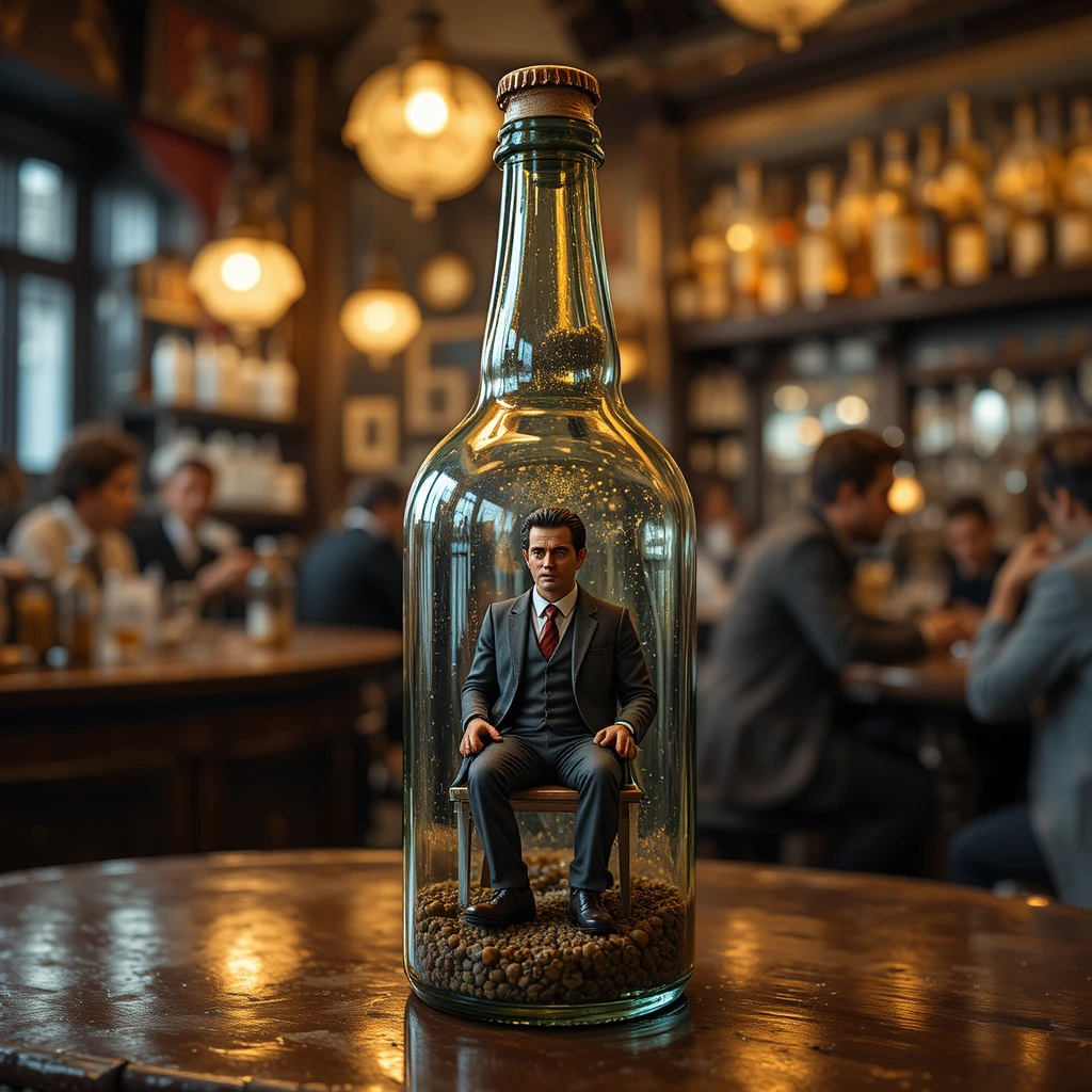 Miniature man inside a glass bottle in a lively bar