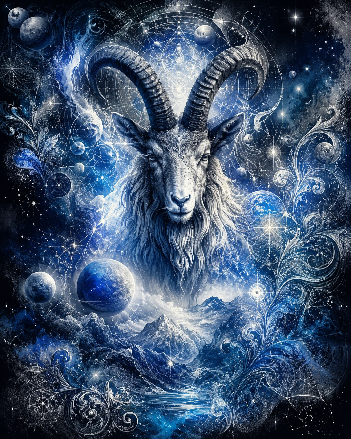 Luminescent Capricorn zodiac goat amid planets and star maps
