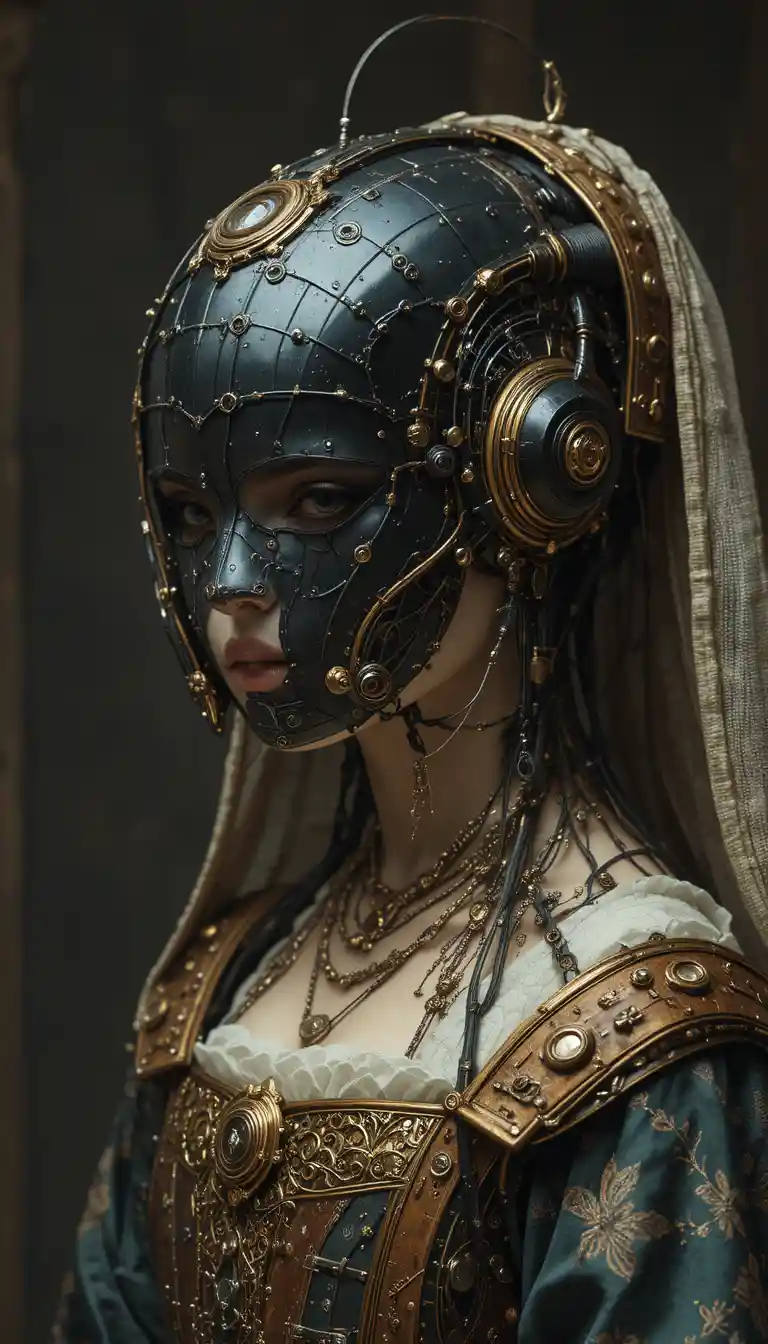 Renaissance style portrait with futuristic cybernetics helmet