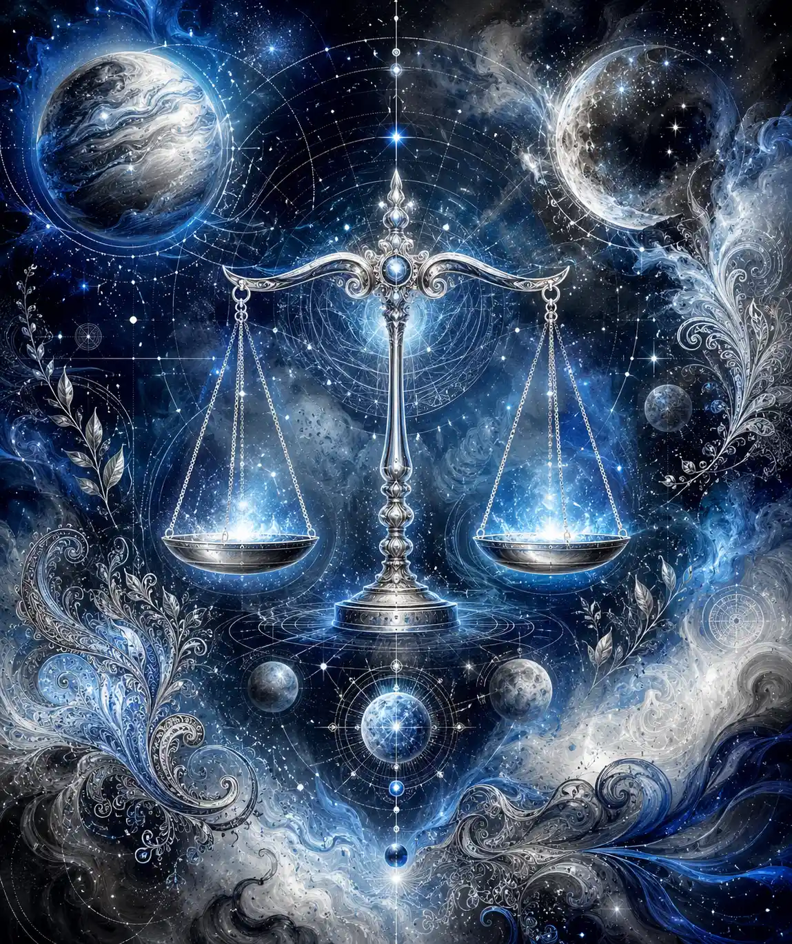Glowing zodiac scales with planets and cosmic star map