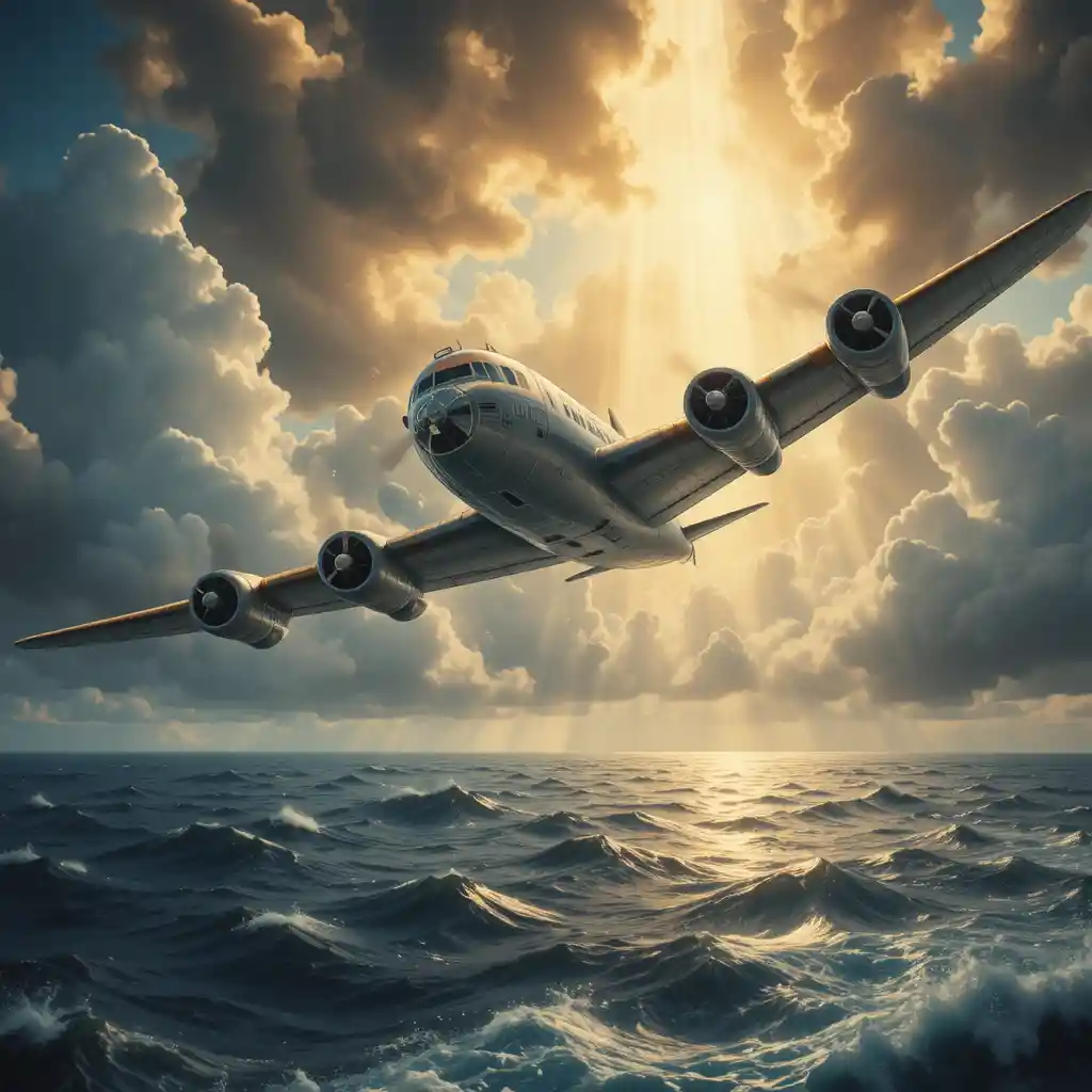 Vintage seaplane soaring above a stormy Atlantic ocean