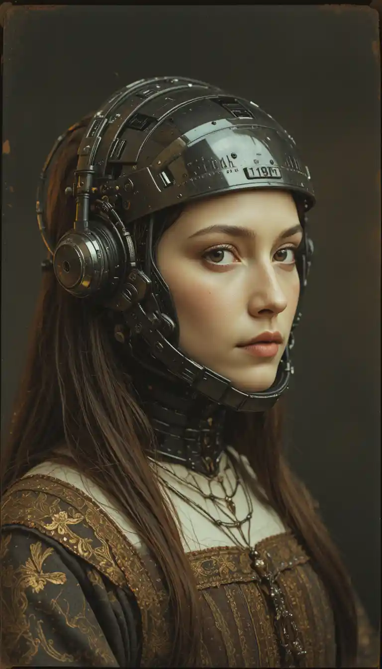 Renaissance style portrait with futuristic cybernetic helmet