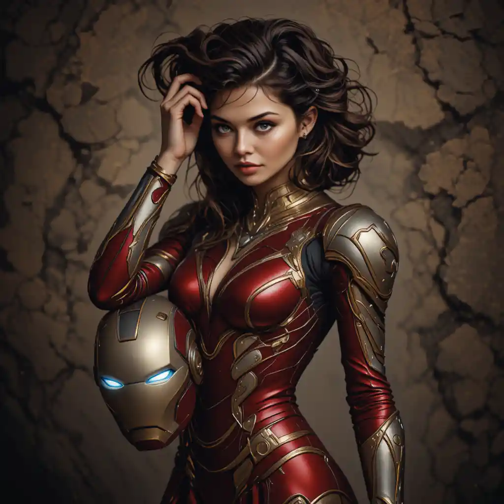 Armored young woman holding glowing helmet portrait