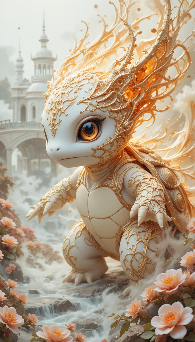 Mythical spirit creature near a luminous white fantasy palace