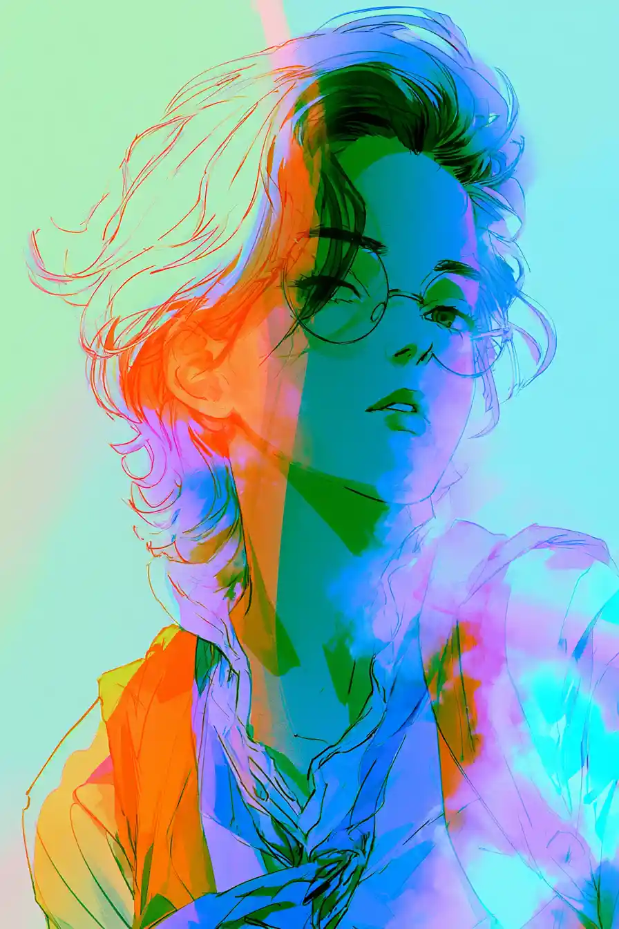 Anime woman emerging from a dreamlike digital haze