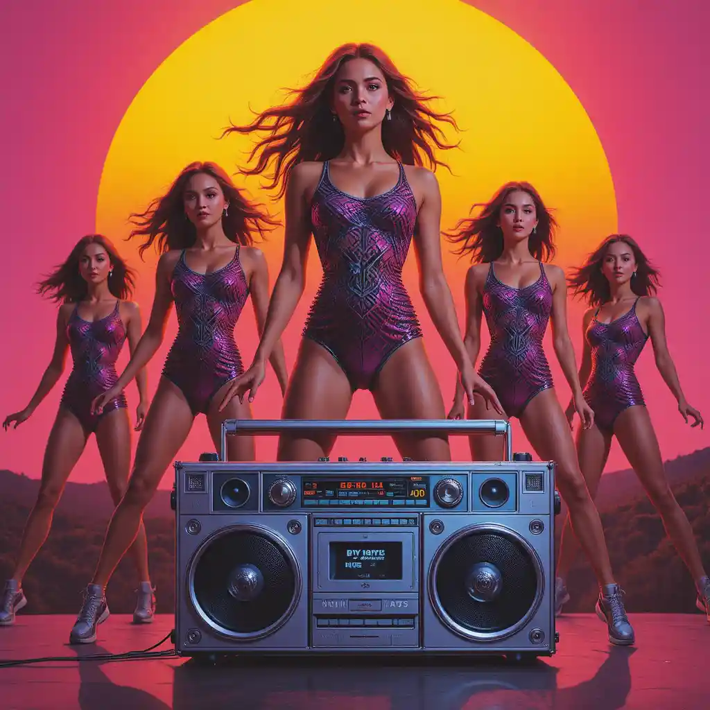 Retro aerobics poster with sunset gradient and boombox