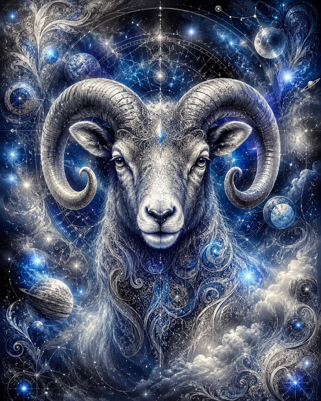 Luminous ram zodiac moodboard with cosmic silver details