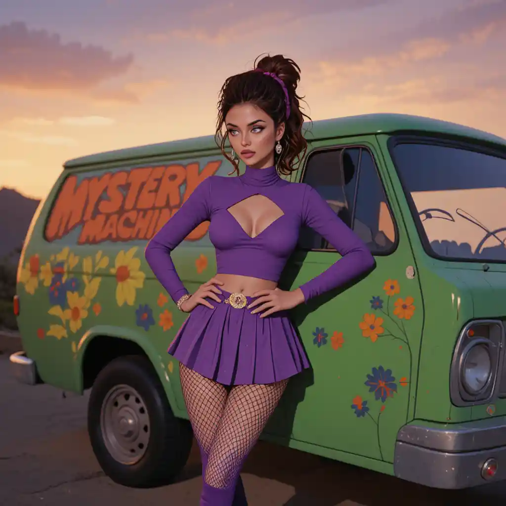 Stylish auburn haired woman posing by green retro van