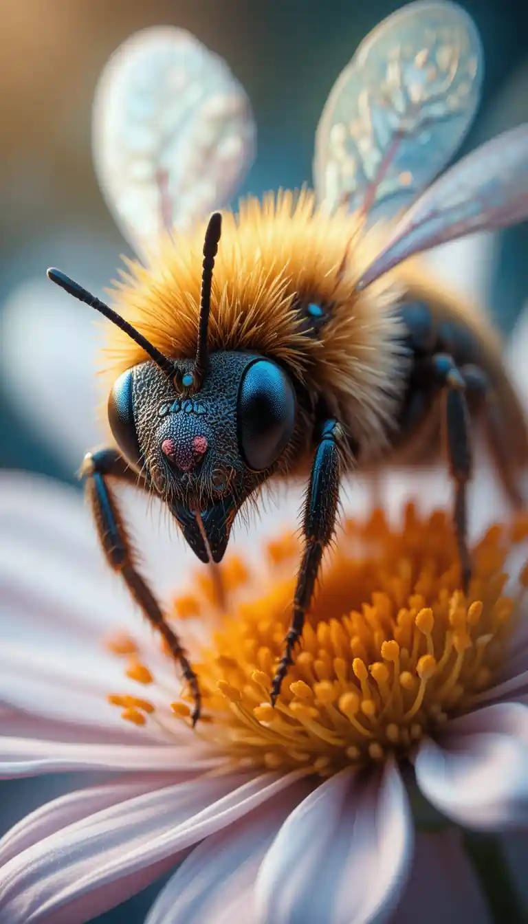 Close up fantasy bee resting on a colorful flower