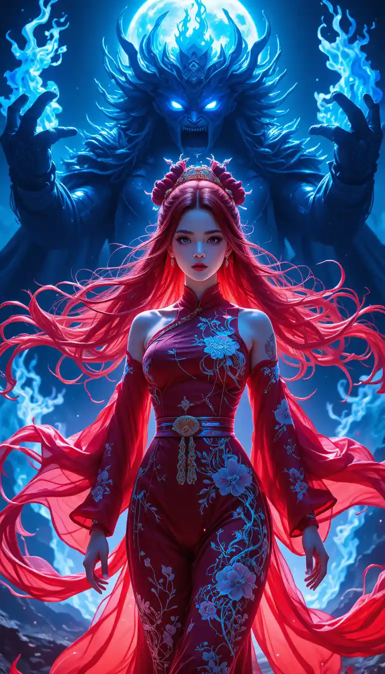 Anime warrior woman glowing with runes on battlefield