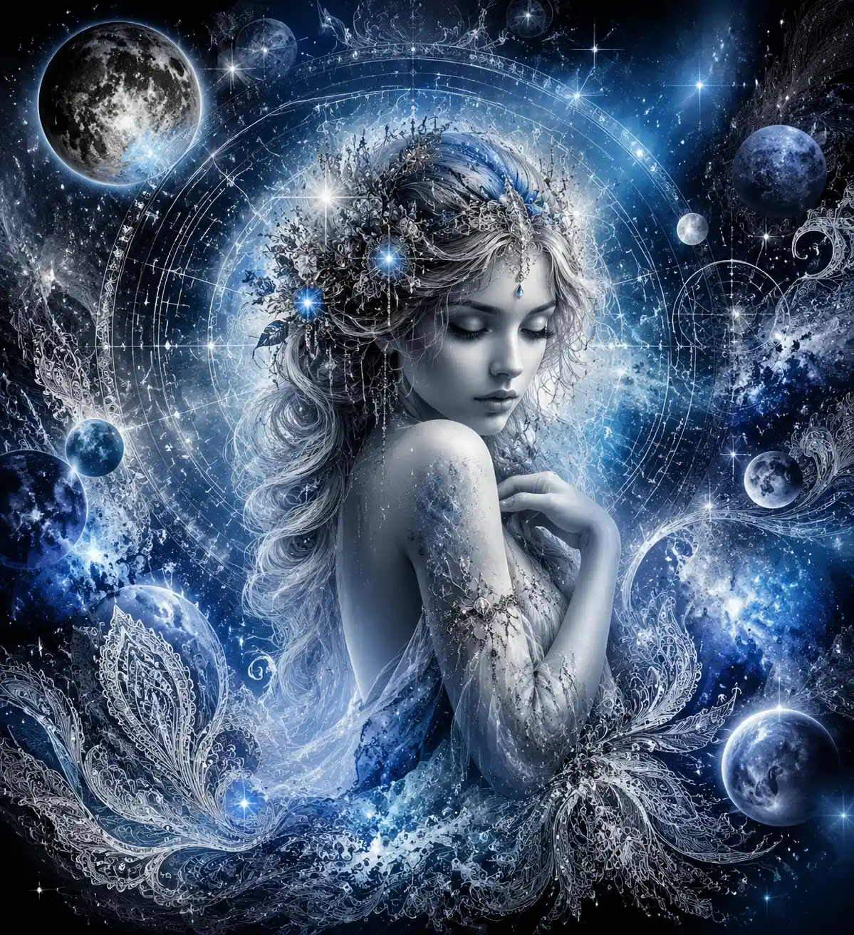 Luminous virgo goddess surrounded by planets and star maps