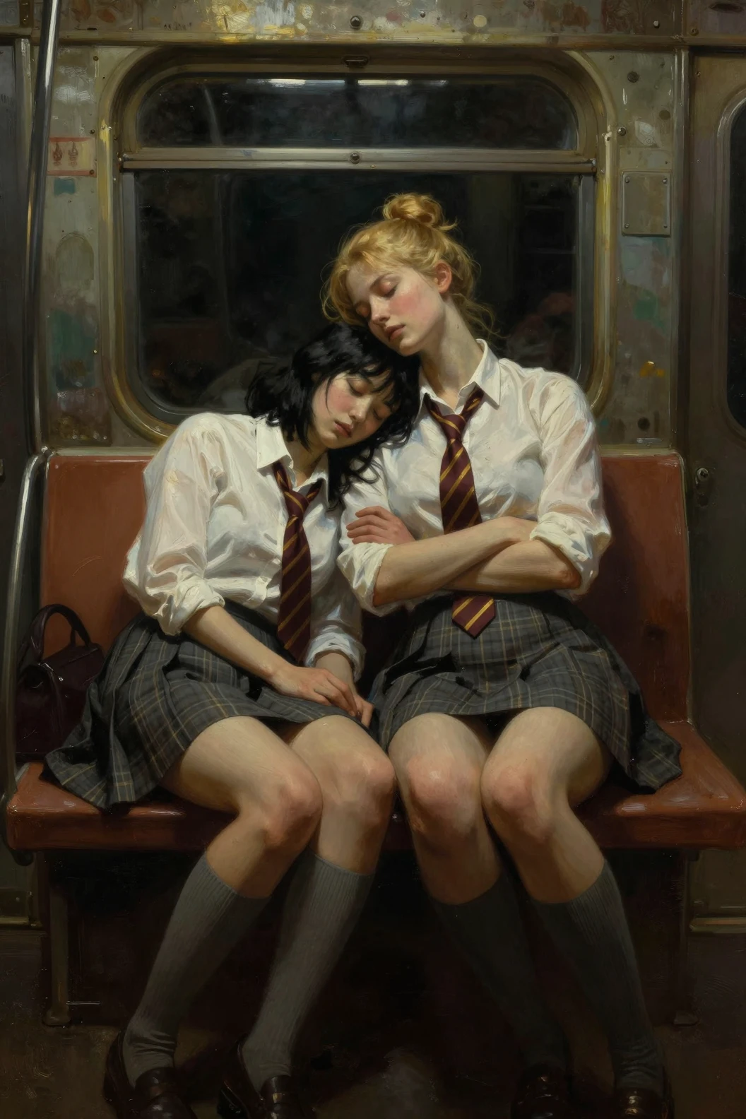 Dos colegialas durmiendo en un metro tenue por la noche