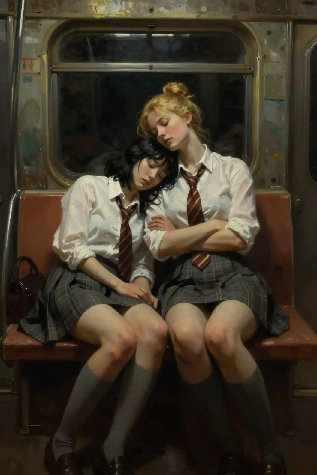Two schoolgirls sleeping on a dim subway at night