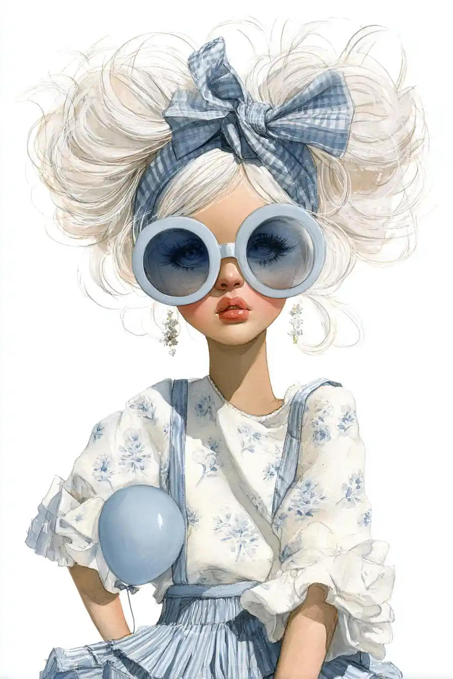 Cute doll like girl with big glasses and blonde pigtails