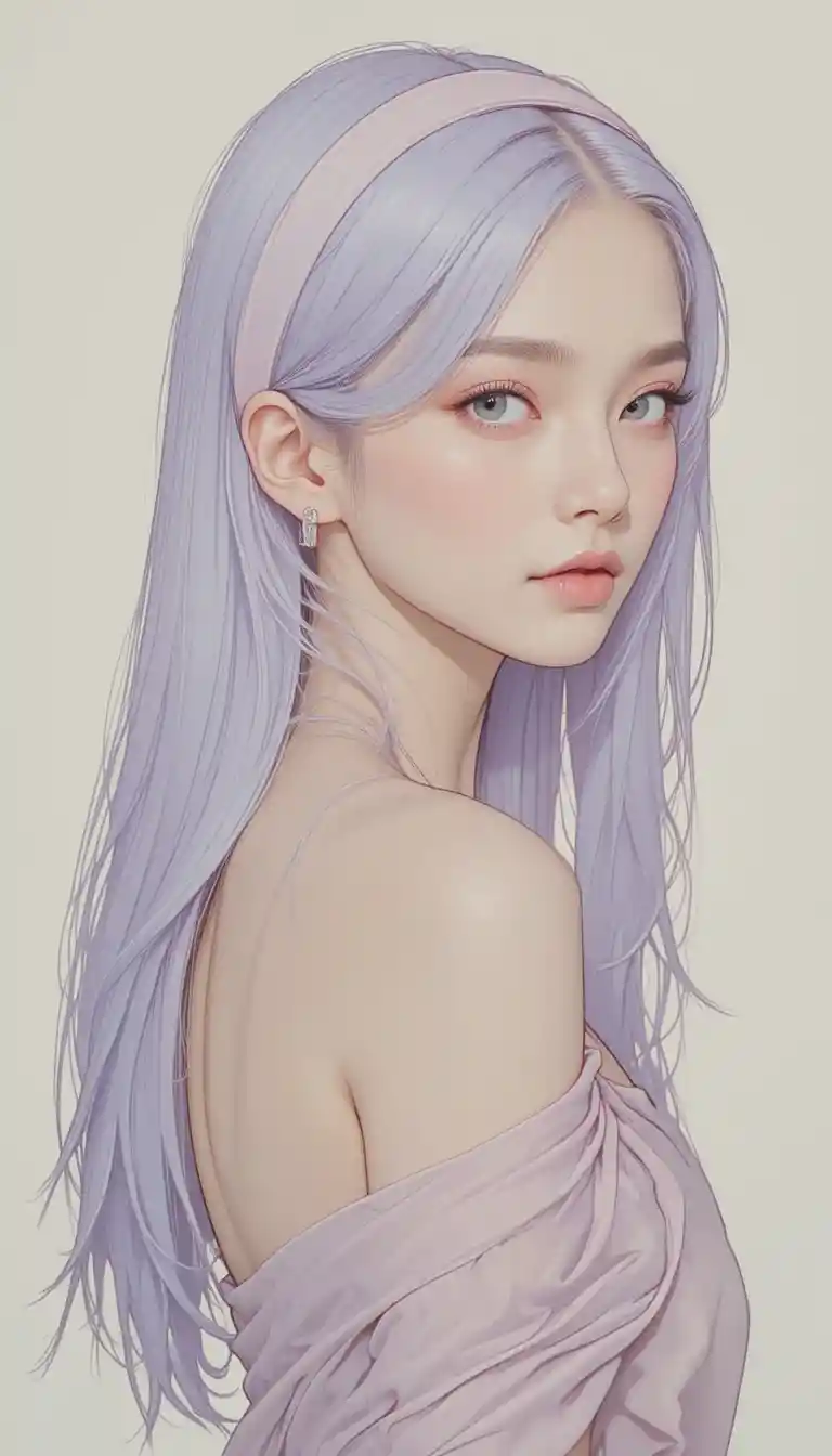Pastel portrait of a young woman with lilac straight hair