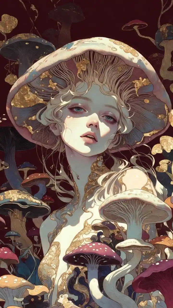 Surreal mushroom queen with glowing alabaster skin portrait