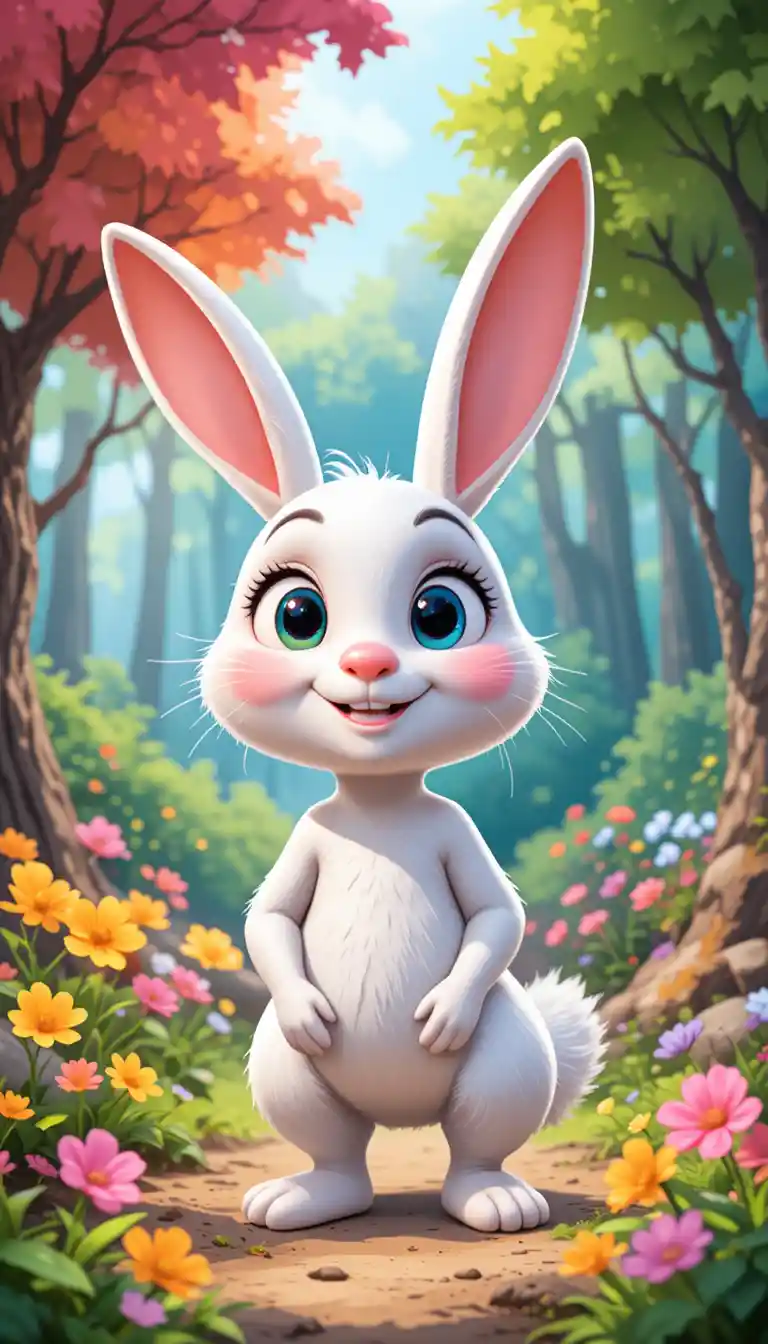Cute white rabbit smiling in a colorful forest illustration